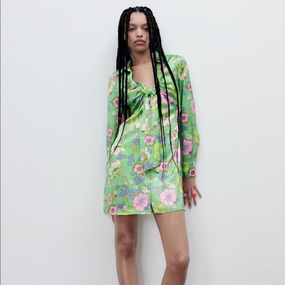 Zara | Dresses | Zara Green Satin Floral Print Dress | Poshmark